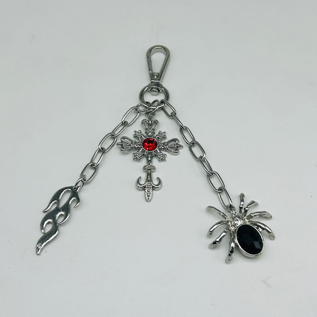 flame / red stone cross / spider key chain
