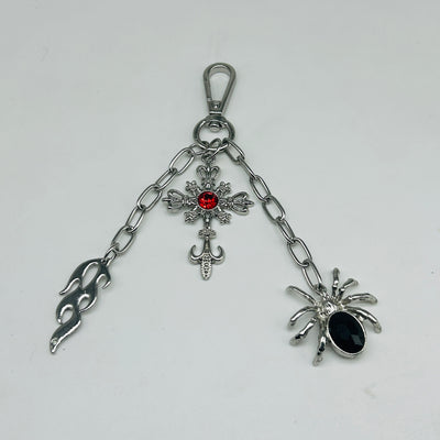 flame / red stone cross / spider key chain