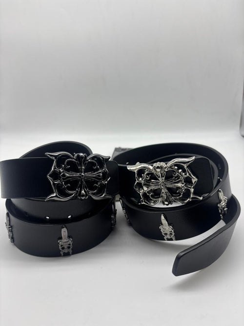 2 PCS BLACK / SILVER  Ch dagger leather belt