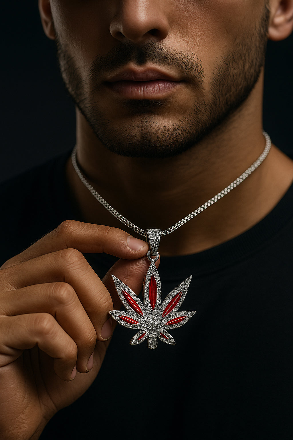 iced out red leaf pendant with chain