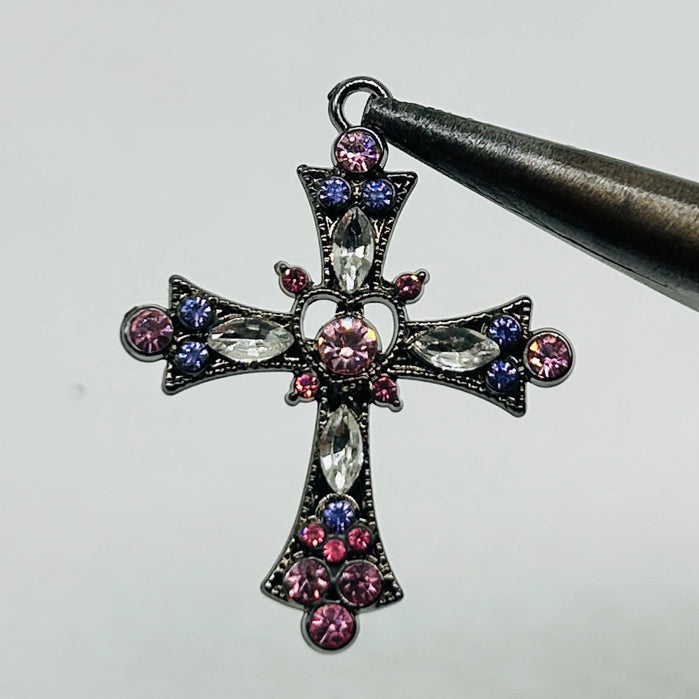 Black gothic Pink purple stone cross pendant