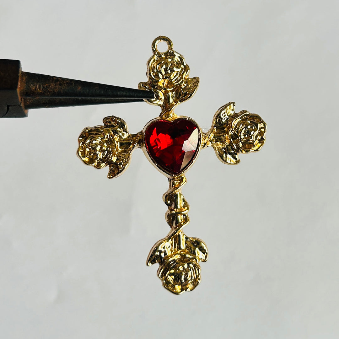golden red heart rose cross