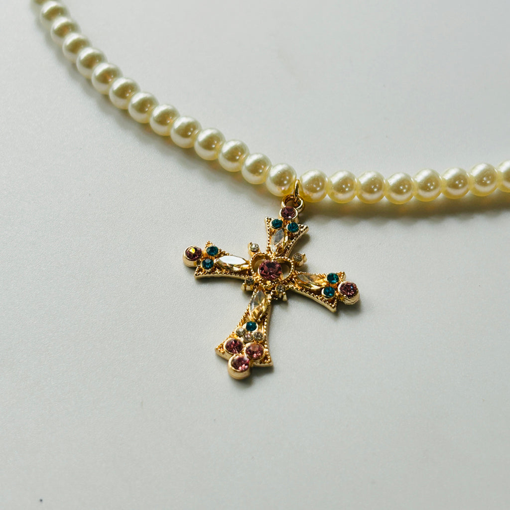 pink cross charms with pearl necklace
