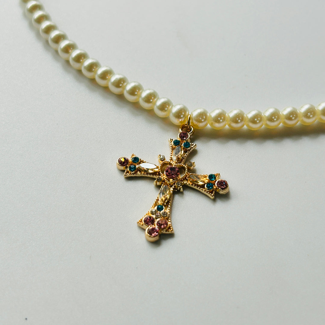 pink cross charms with pearl necklace