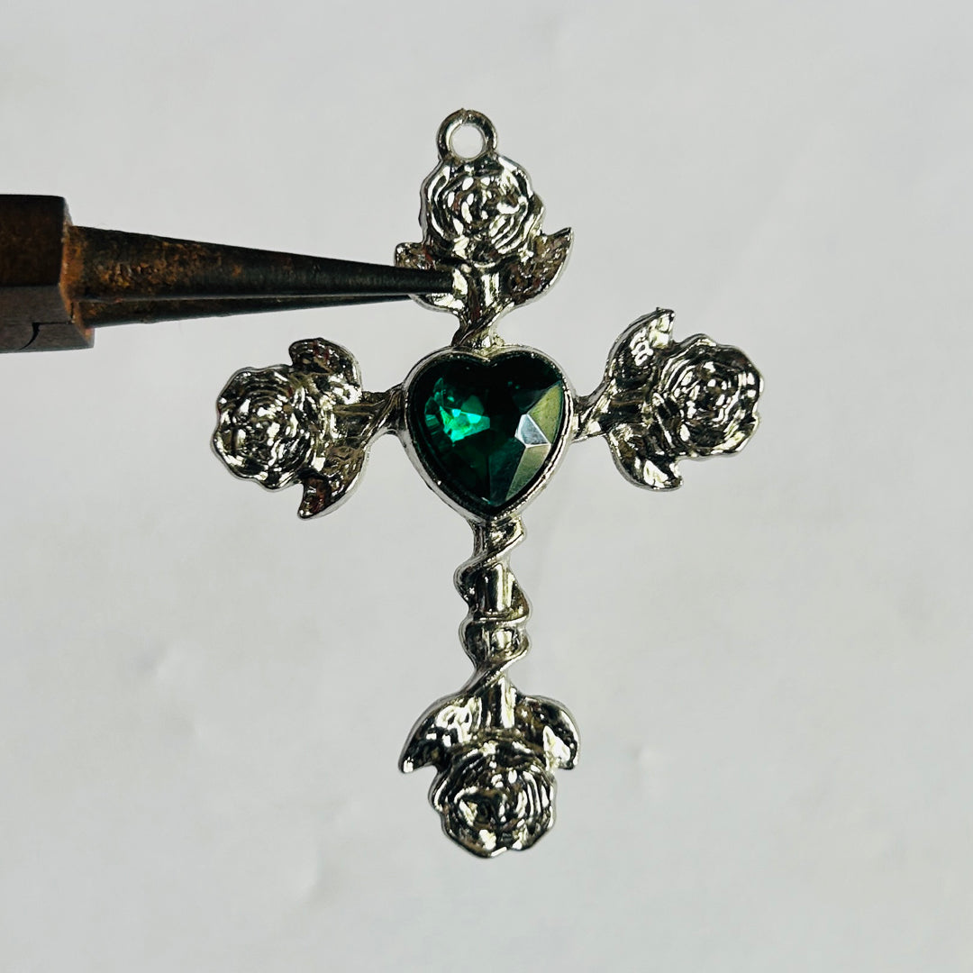 Silver green heart rose cross