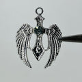 Silver wings dark green stone pendant