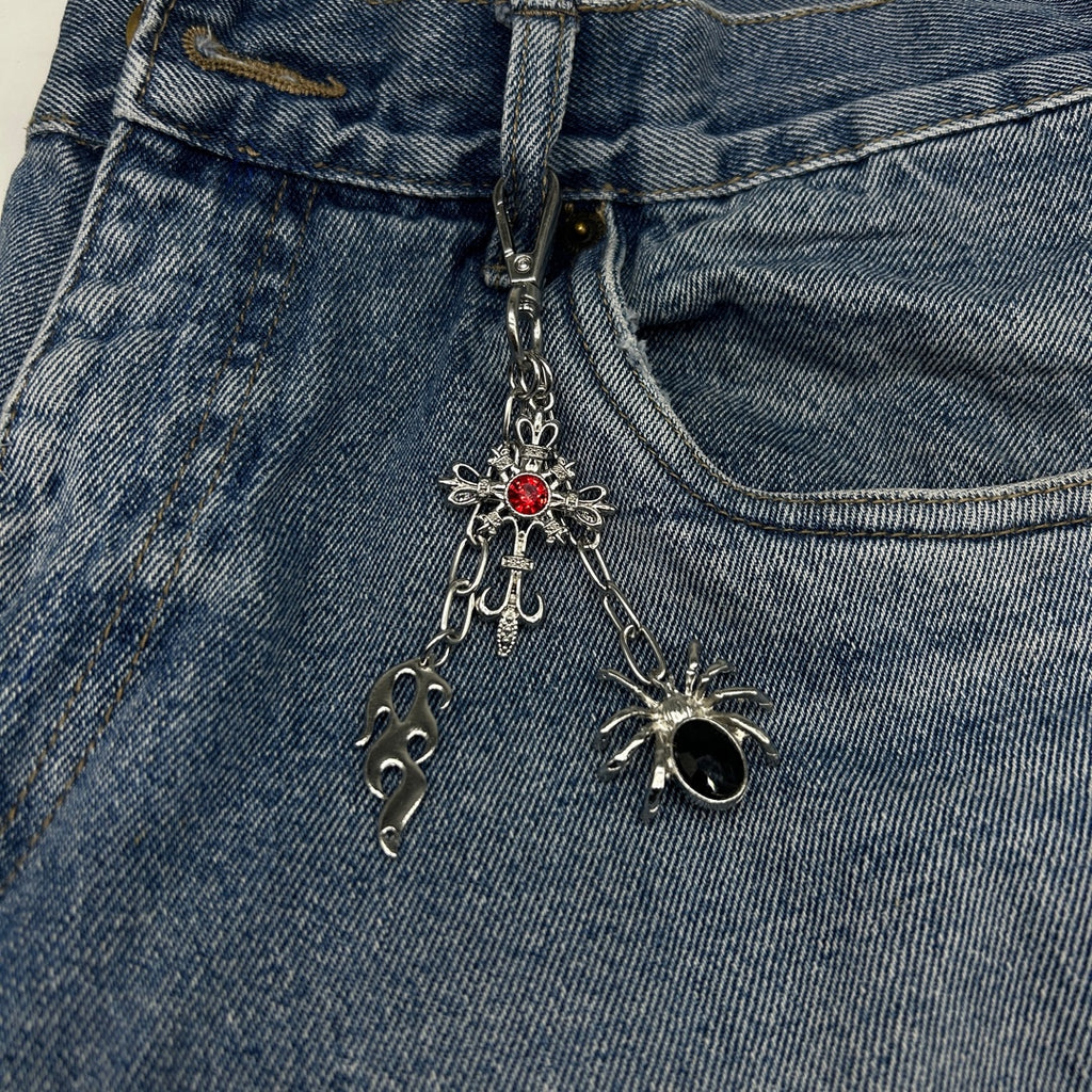 flame / red stone cross / spider key chain