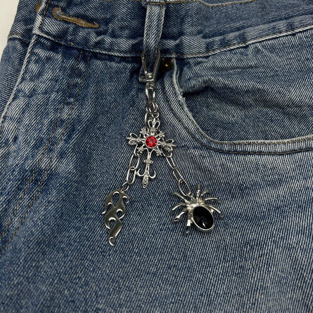 flame / red stone cross / spider key chain