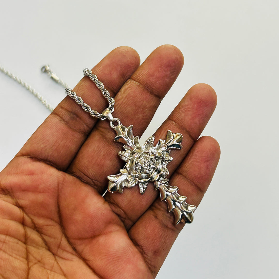 Big rose cross with stainless steel chain