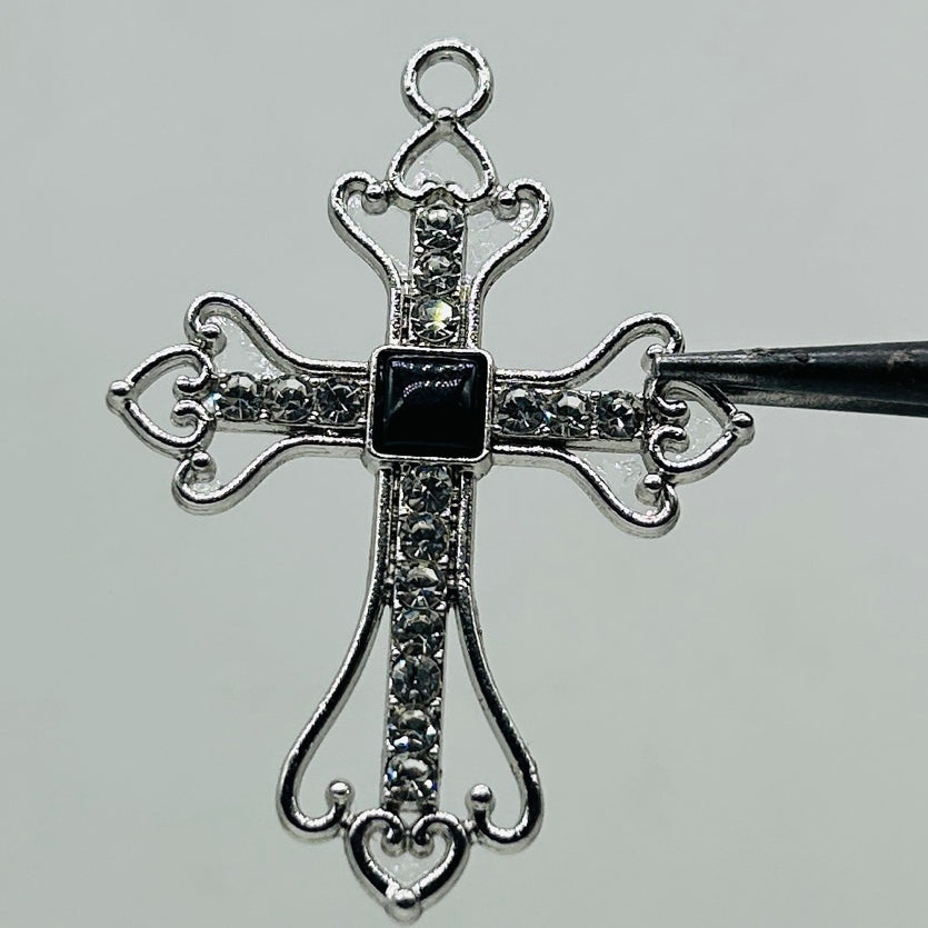 Silver iced out Black square stone cross