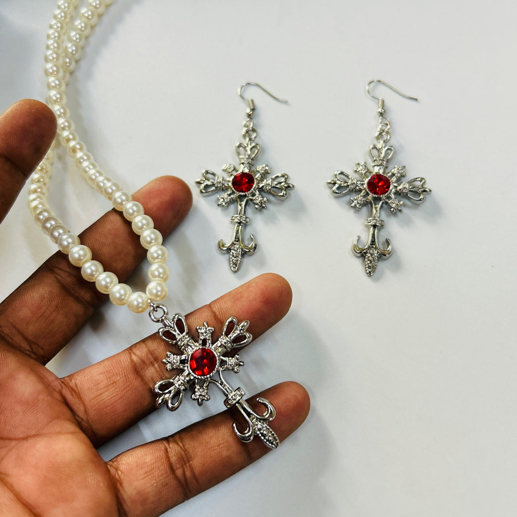silver plated Red stone cross necklace and earrings set