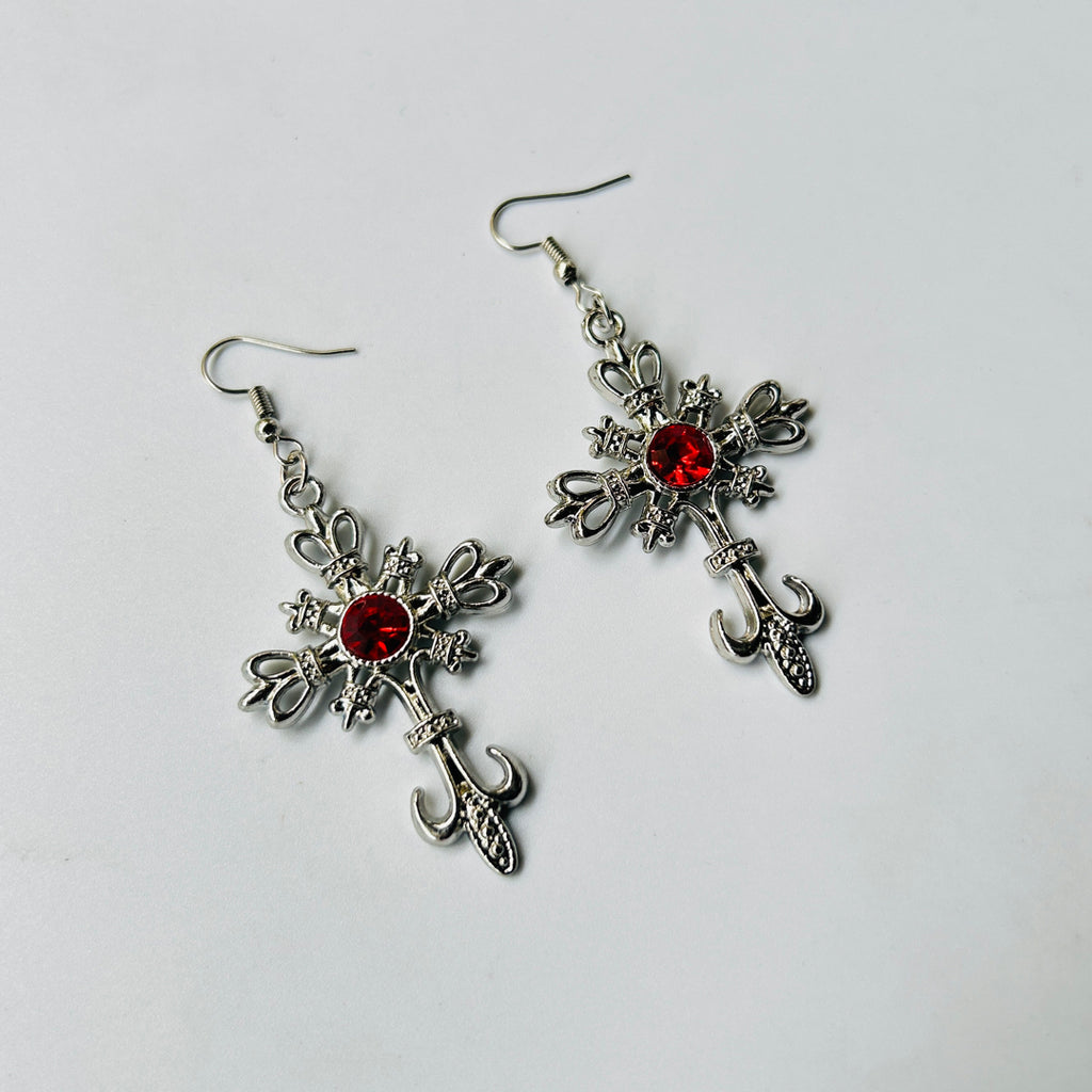 trending red stone cross earrings set